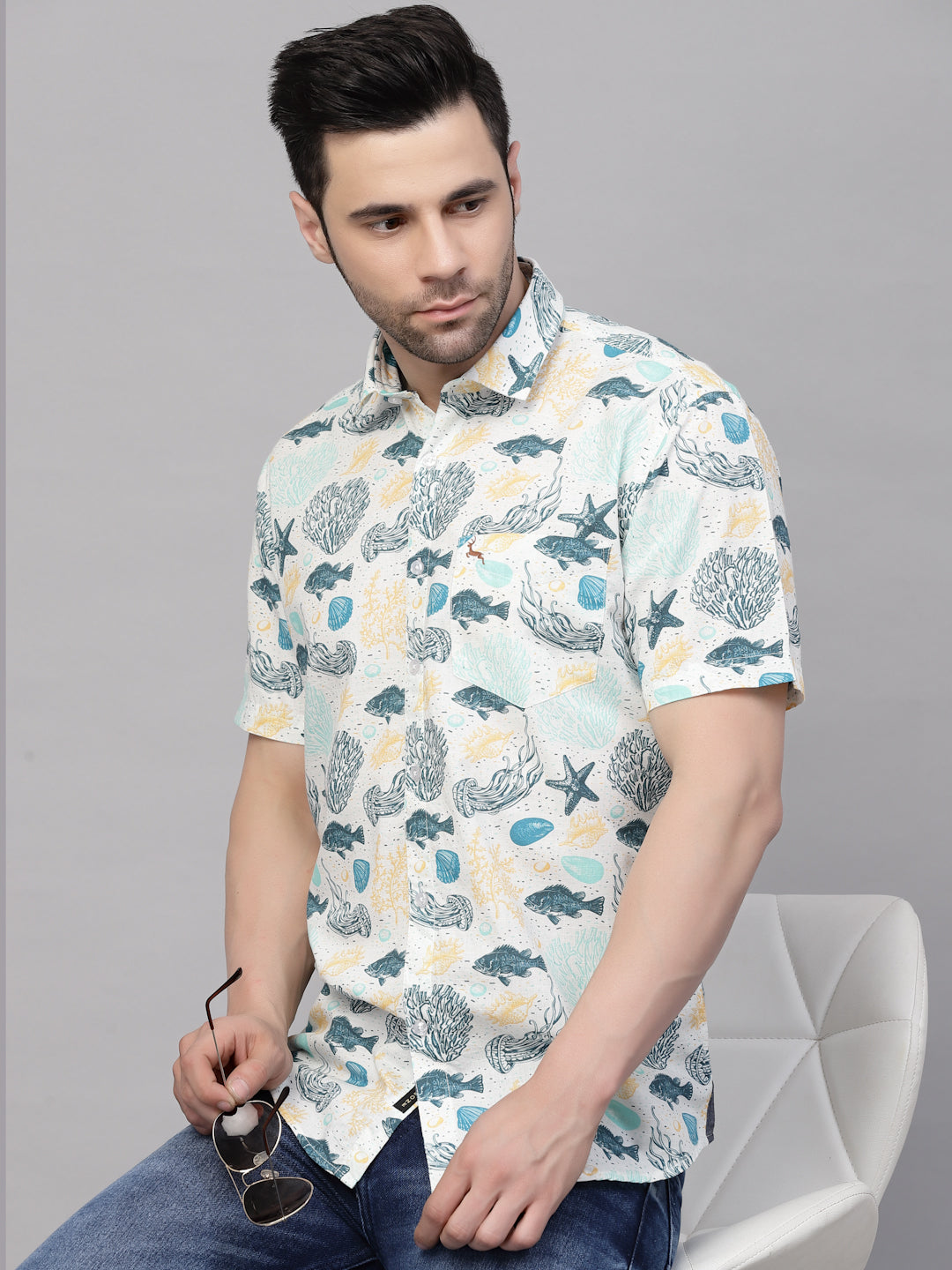 Valbone Men’s Light Blue Digital Sea Animals Printed Regular Fit Casual Shirt Half Sleeves