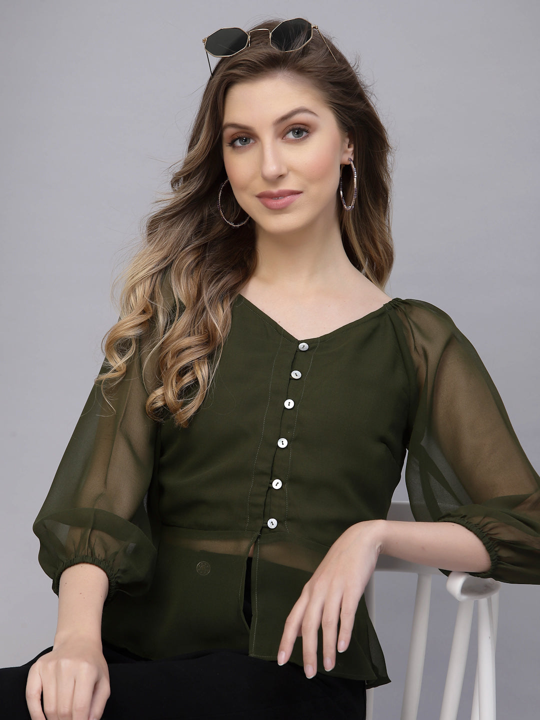 Valbone Women's Olive Green Georgette Button Closure Top Full-Sleeves