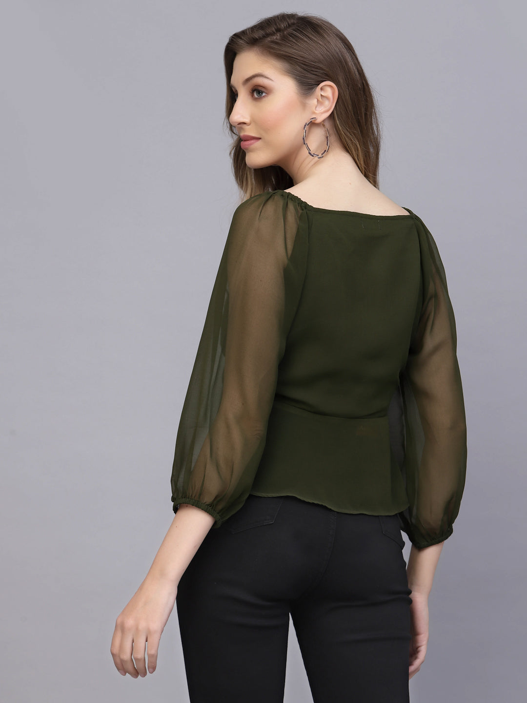 Valbone Women's Olive Green Georgette Button Closure Top Full-Sleeves