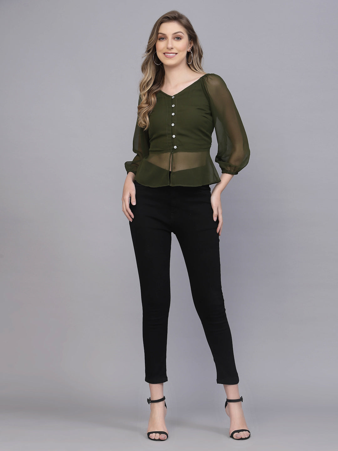 Valbone Women's Olive Green Georgette Button Closure Top Full-Sleeves