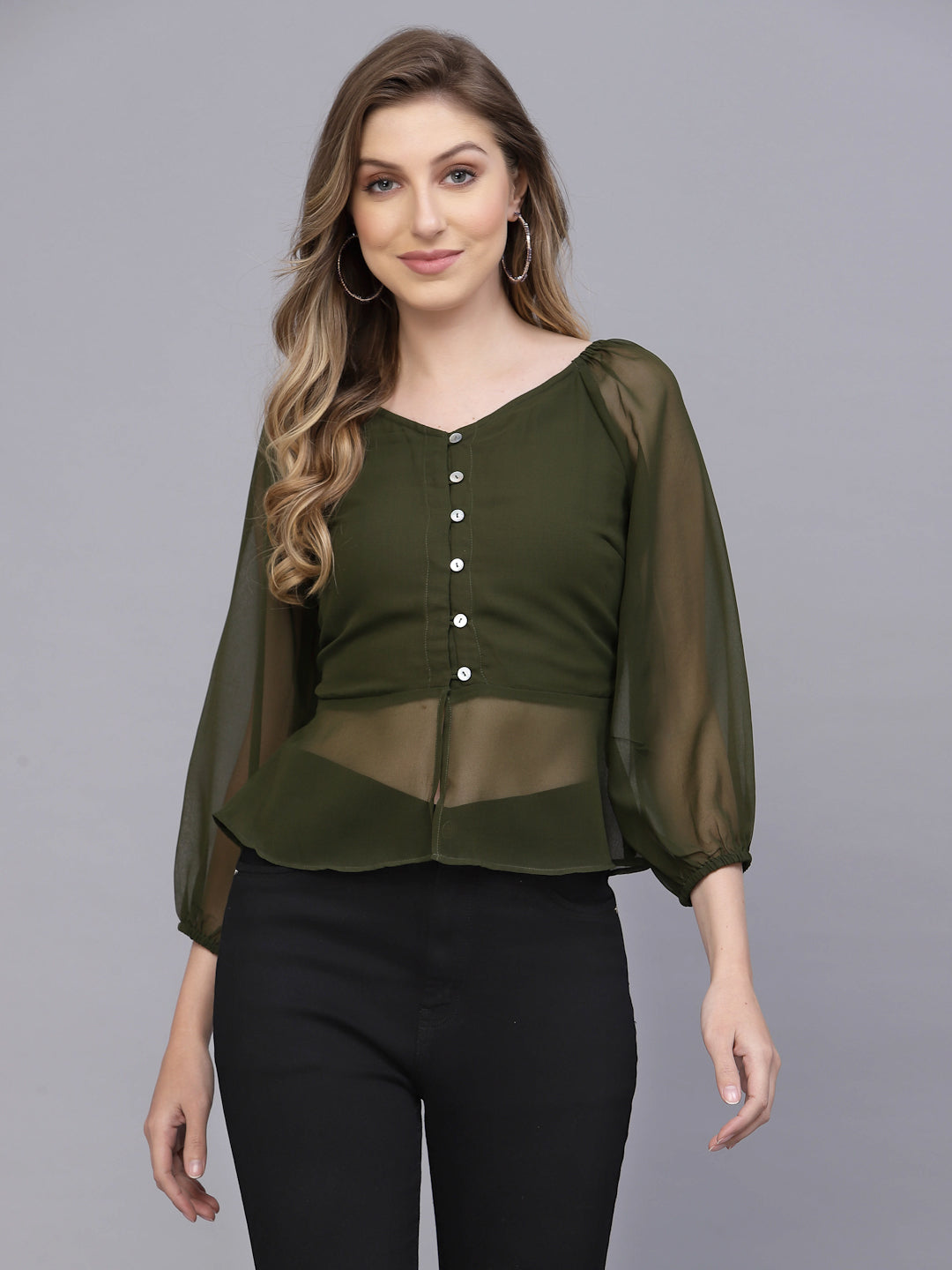 Valbone Women's Olive Green Georgette Button Closure Top Full-Sleeves