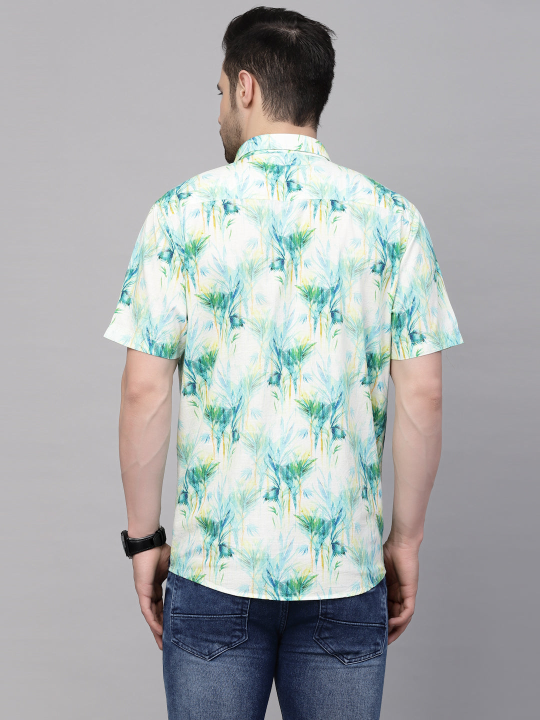 Valbone Men’s Green Digital Leafs Printed Regular Fit Casual Shirt Half Sleeves