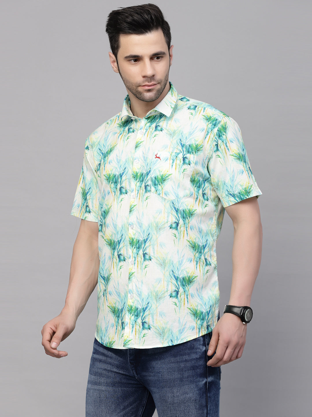 Valbone Men’s Green Digital Leafs Printed Regular Fit Casual Shirt Half Sleeves