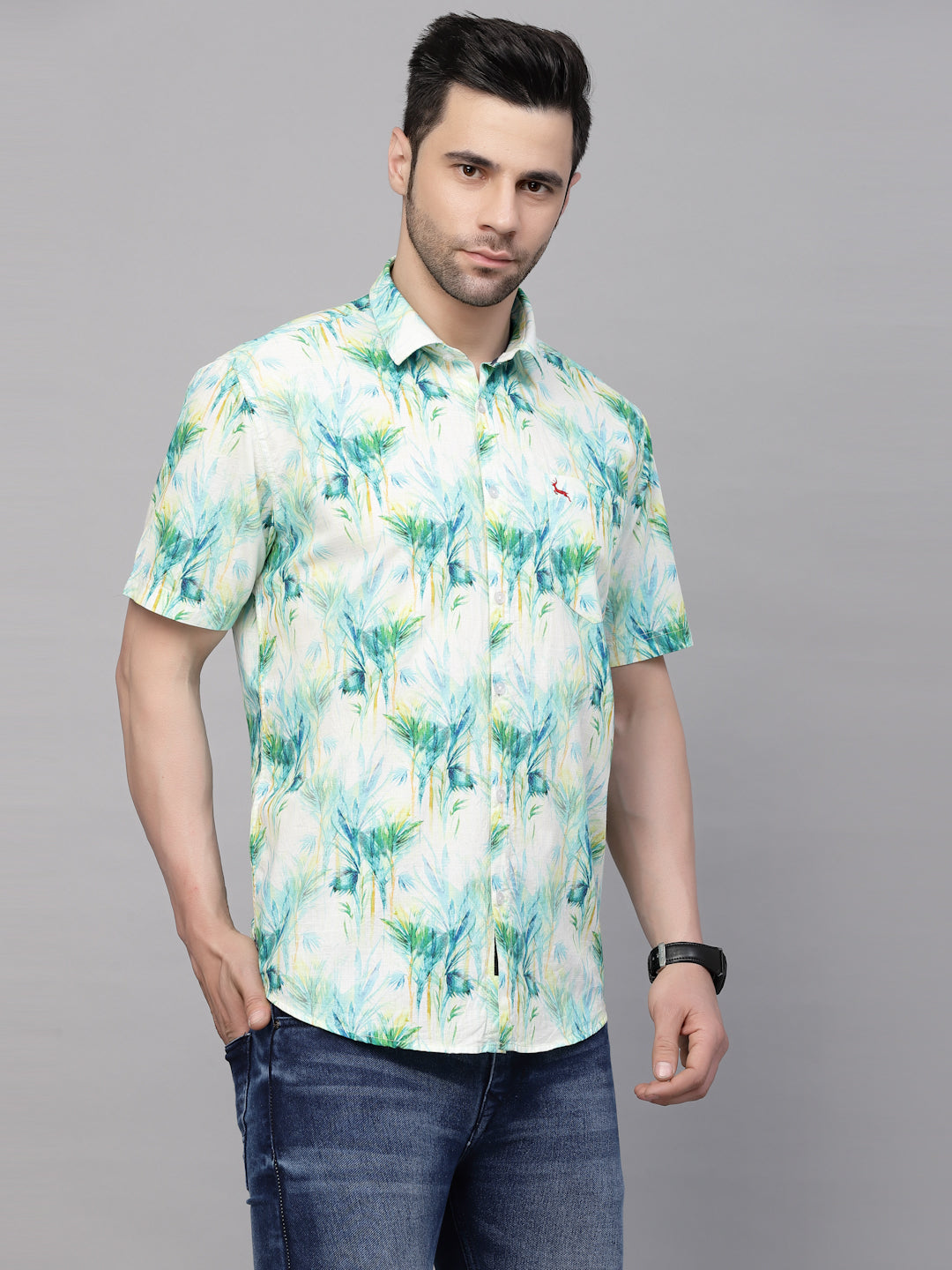 Valbone Men’s Green Digital Leafs Printed Regular Fit Casual Shirt Half Sleeves