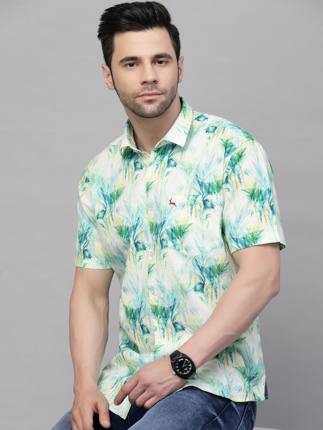 Valbone Men’s Green Digital Leafs Printed Regular Fit Casual Shirt Half Sleeves