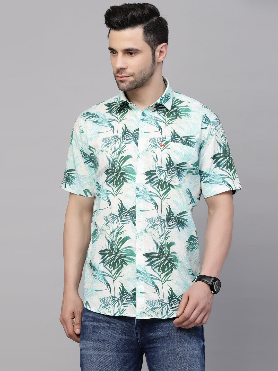 Valbone Men’s Digital Print Green Leaves Printed Regular Fit Casual Shirt Half Sleeves