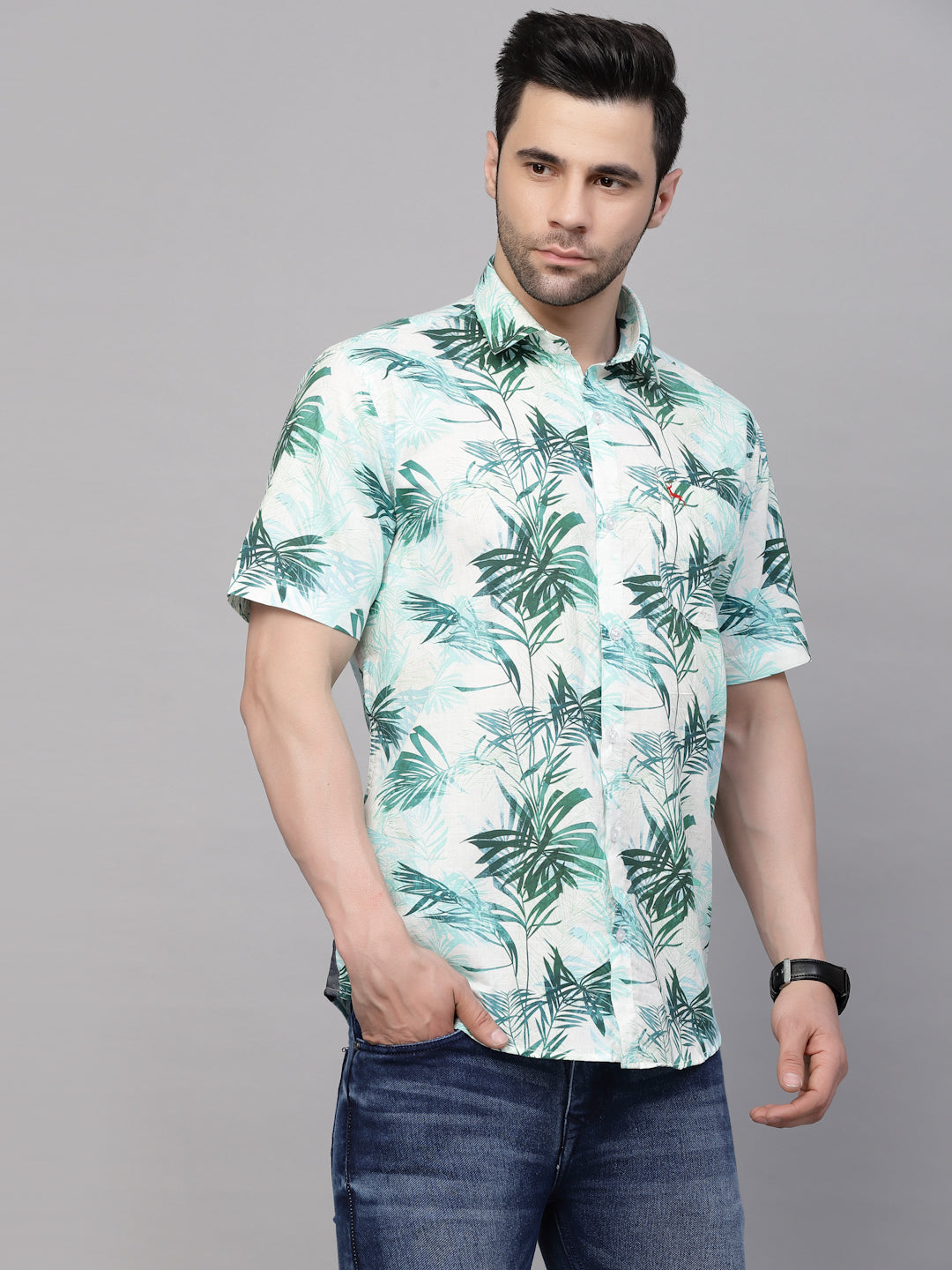 Valbone Men’s Digital Print Green Leaves Printed Regular Fit Casual Shirt Half Sleeves