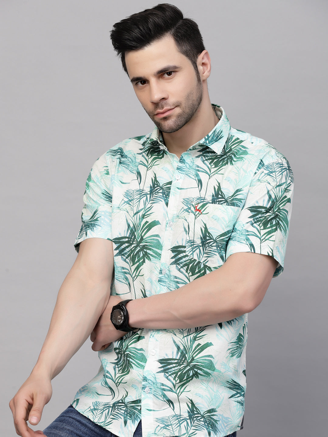 Valbone Men’s Digital Print Green Leaves Printed Regular Fit Casual Shirt Half Sleeves