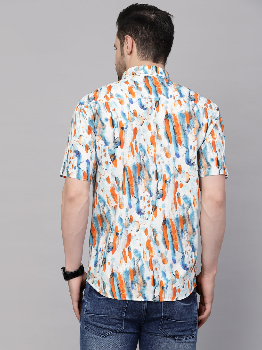 Valbone Men’s Digital Print Orange & Blue Regular Fit Casual Shirt Half Sleeves