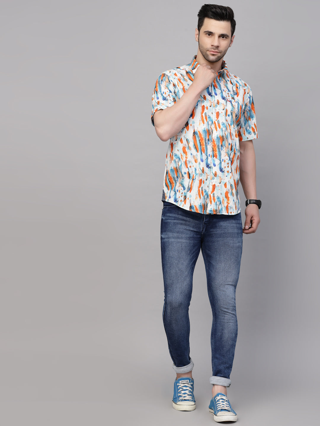 Valbone Men’s Digital Print Orange & Blue Regular Fit Casual Shirt Half Sleeves