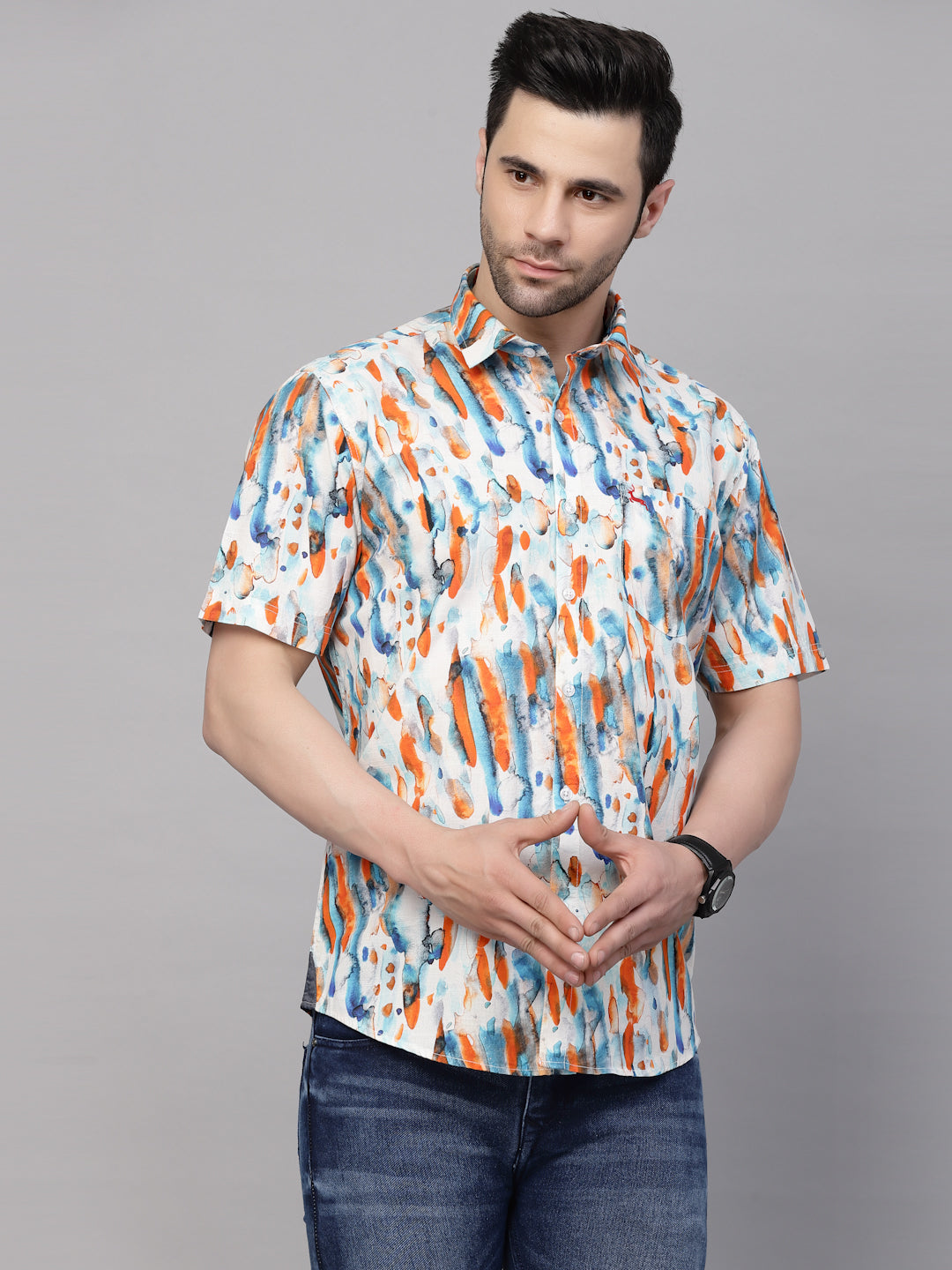 Valbone Men’s Digital Print Orange & Blue Regular Fit Casual Shirt Half Sleeves