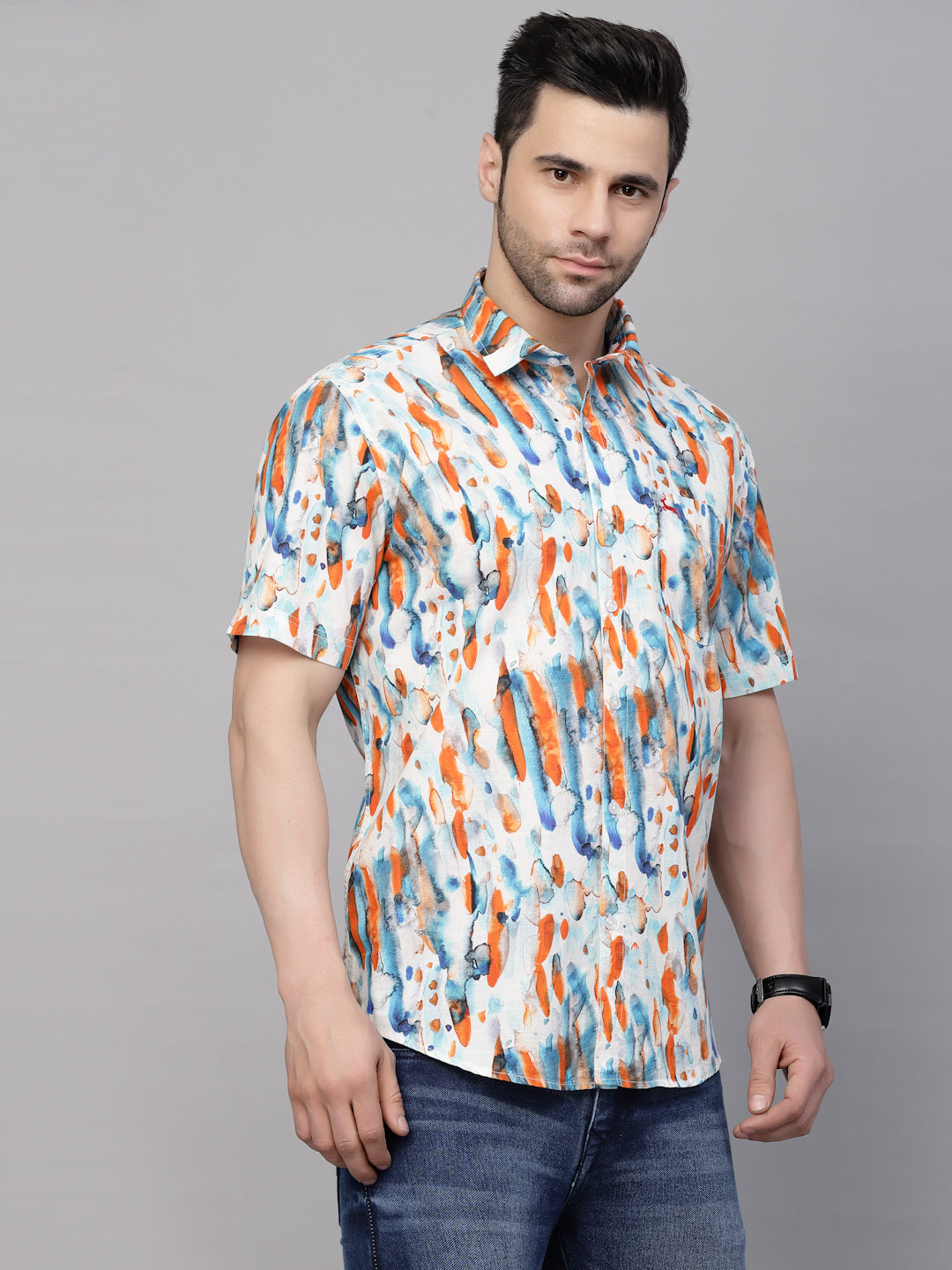 Valbone Men’s Digital Print Orange & Blue Regular Fit Casual Shirt Half Sleeves
