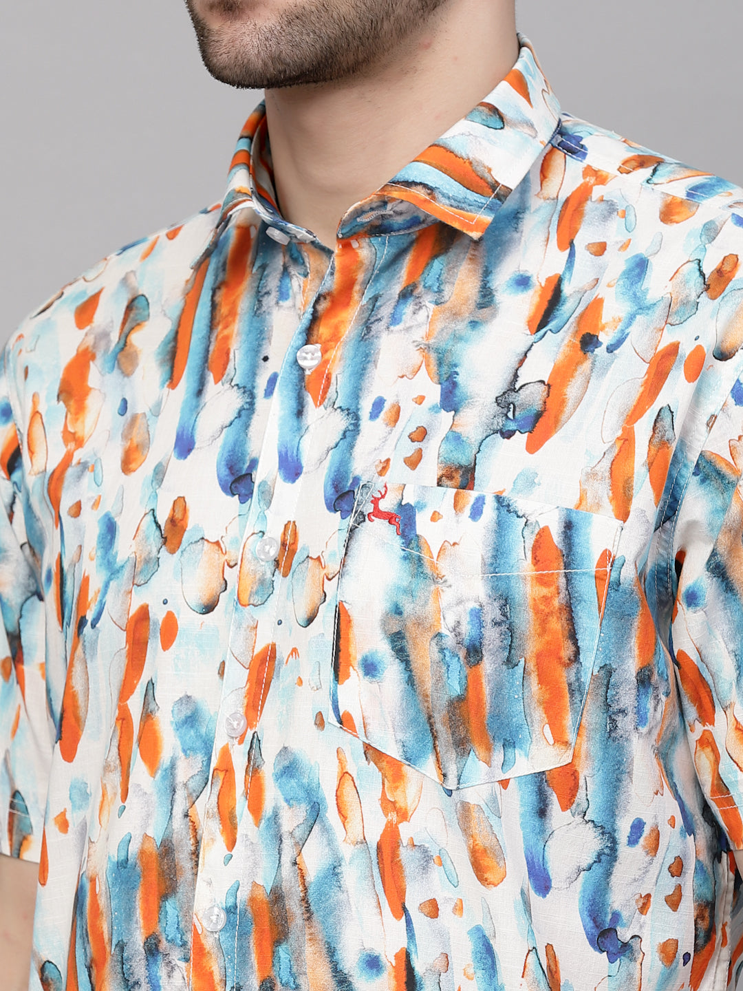 Valbone Men’s Digital Print Orange & Blue Regular Fit Casual Shirt Half Sleeves