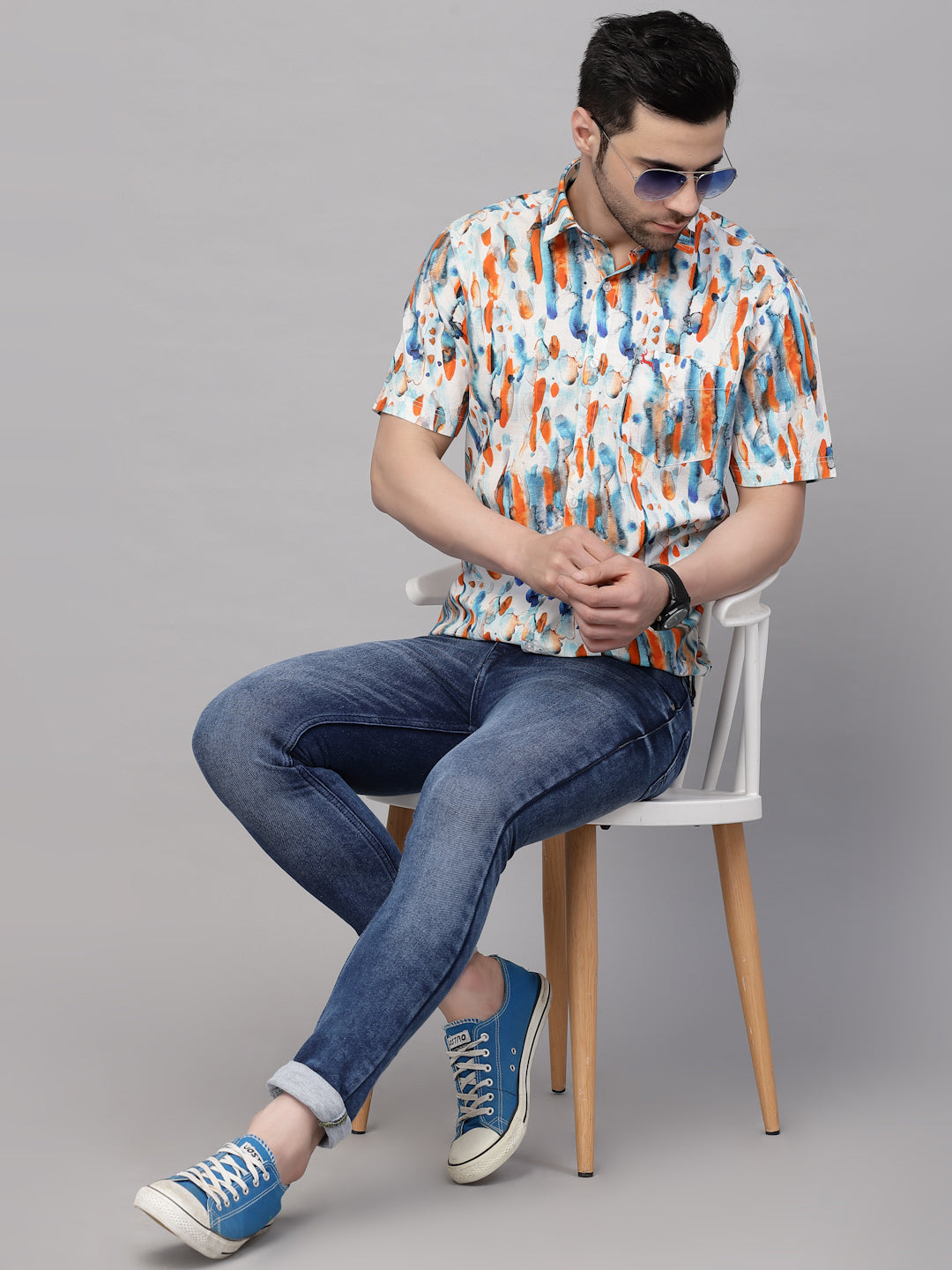 Valbone Men’s Digital Print Orange & Blue Regular Fit Casual Shirt Half Sleeves