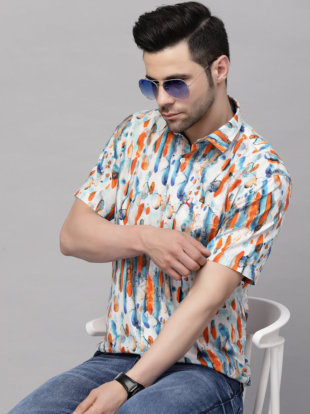 Valbone Men’s Digital Print Orange & Blue Regular Fit Casual Shirt Half Sleeves