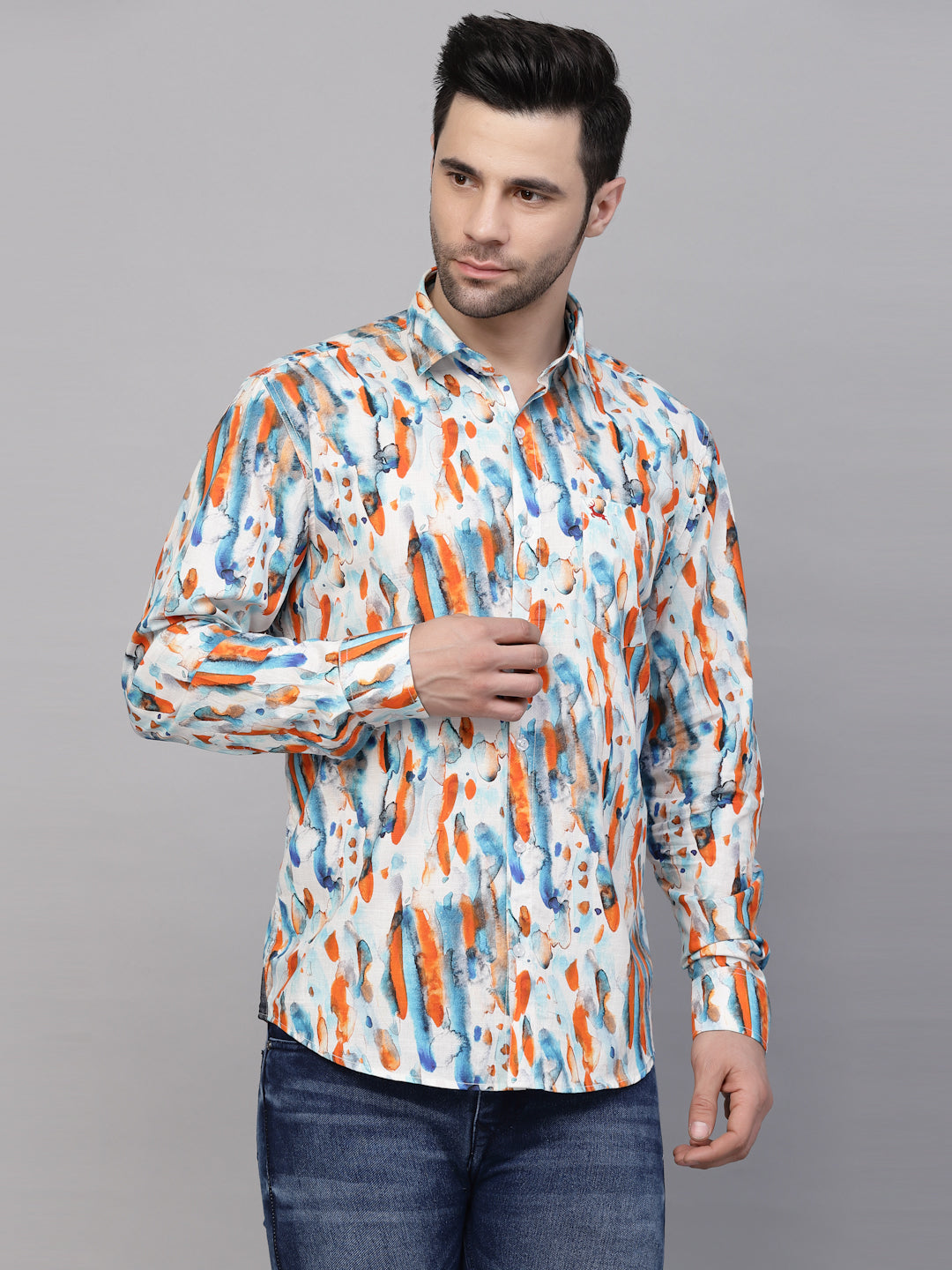Valbone Men’s Digital Print Orange & Blue Regular Fit Casual Shirt Full Sleeves