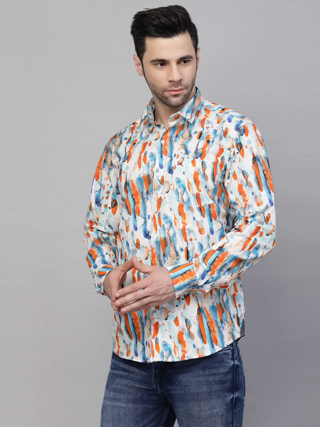 Valbone Men’s Digital Print Orange & Blue Regular Fit Casual Shirt Full Sleeves