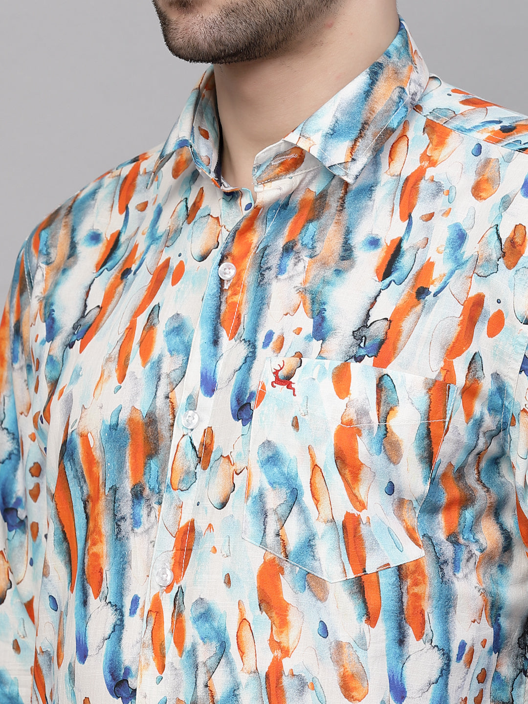 Valbone Men’s Digital Print Orange & Blue Regular Fit Casual Shirt Full Sleeves