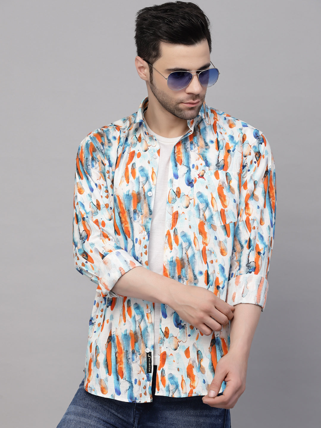 Valbone Men’s Digital Print Orange & Blue Regular Fit Casual Shirt Full Sleeves