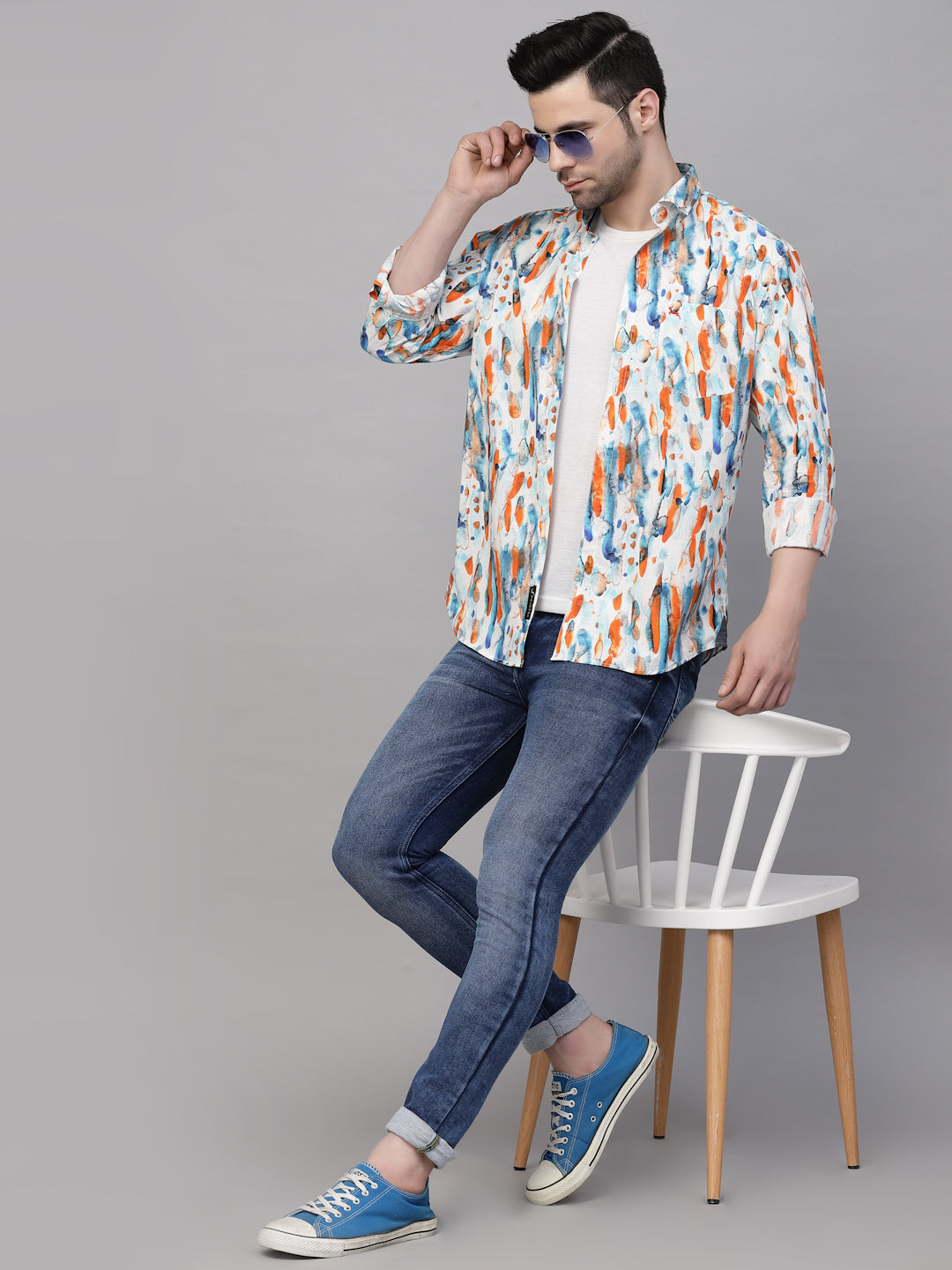 Valbone Men’s Digital Print Orange & Blue Regular Fit Casual Shirt Full Sleeves
