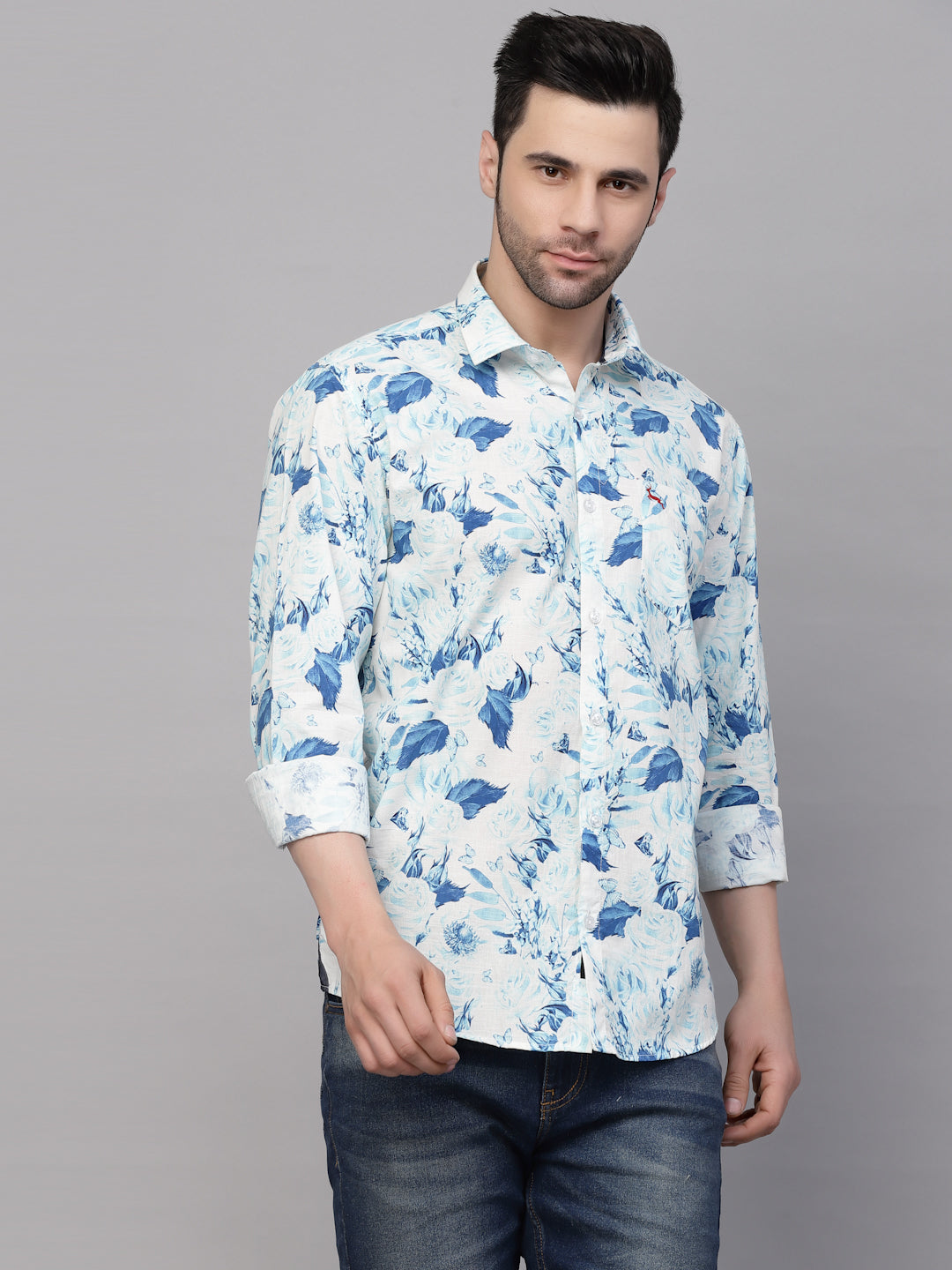 Valbone Men’s Digital Print Blue Leafs Printed Regular Fit Casual Shirt Full Sleeves