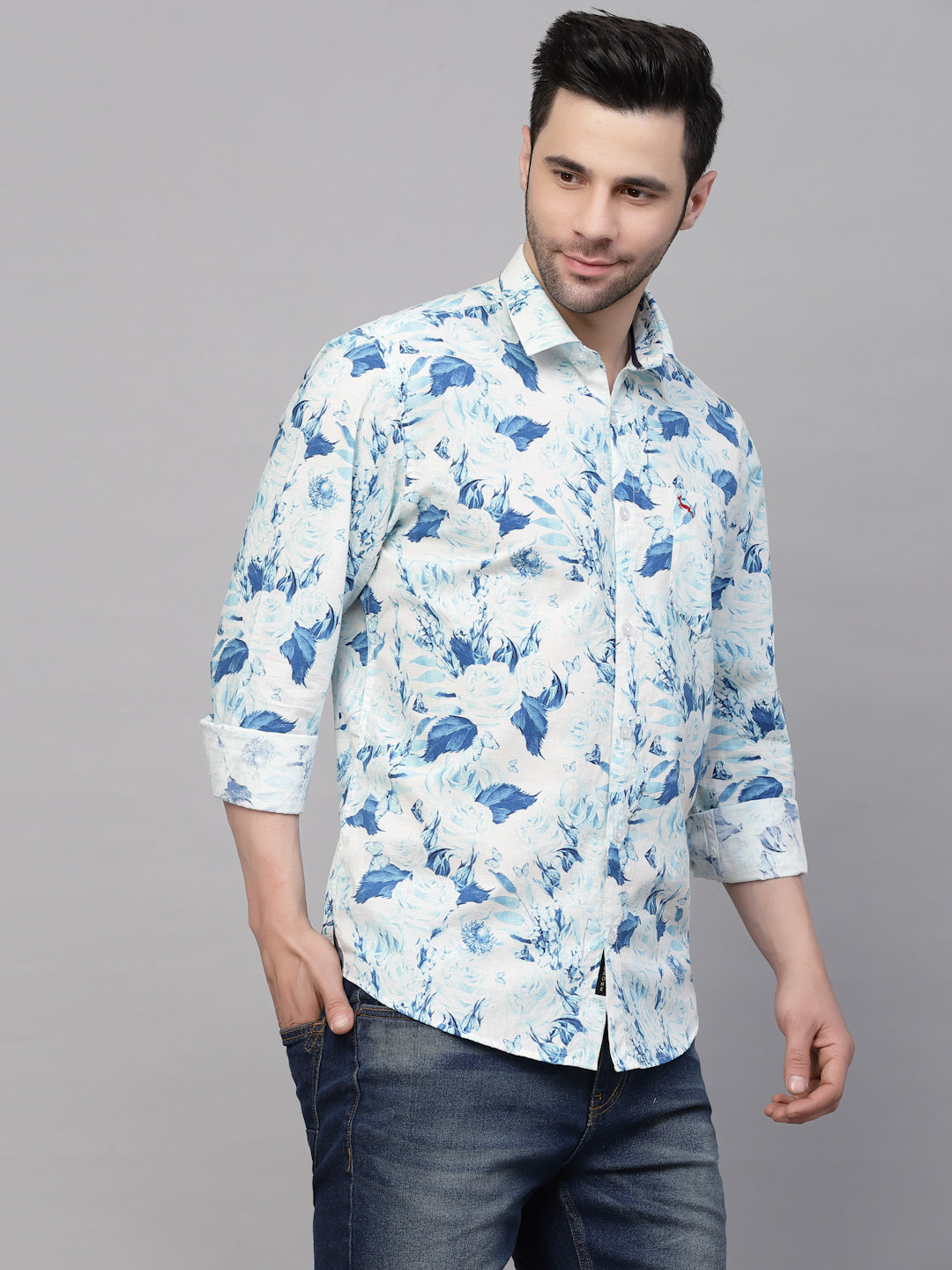 Valbone Men’s Digital Print Blue Leafs Printed Regular Fit Casual Shirt Full Sleeves