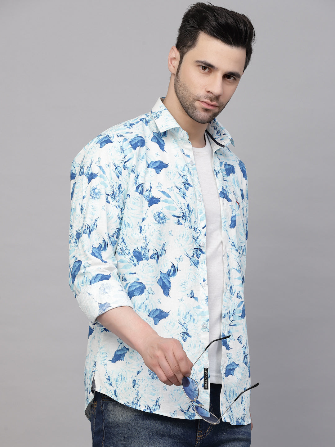 Valbone Men’s Digital Print Blue Leafs Printed Regular Fit Casual Shirt Full Sleeves