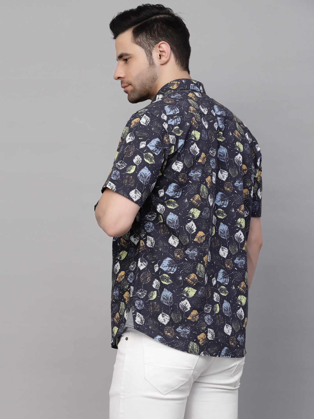 Valbone Men’s Black Digital Leaves Printed Regular Fit Casual Shirt Half Sleeves