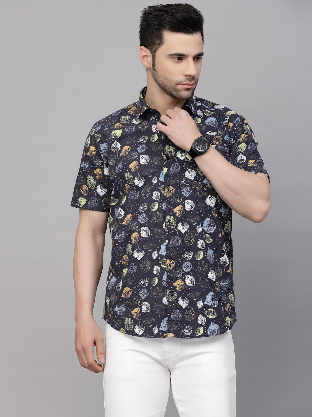 Valbone Men’s Black Digital Leaves Printed Regular Fit Casual Shirt Half Sleeves