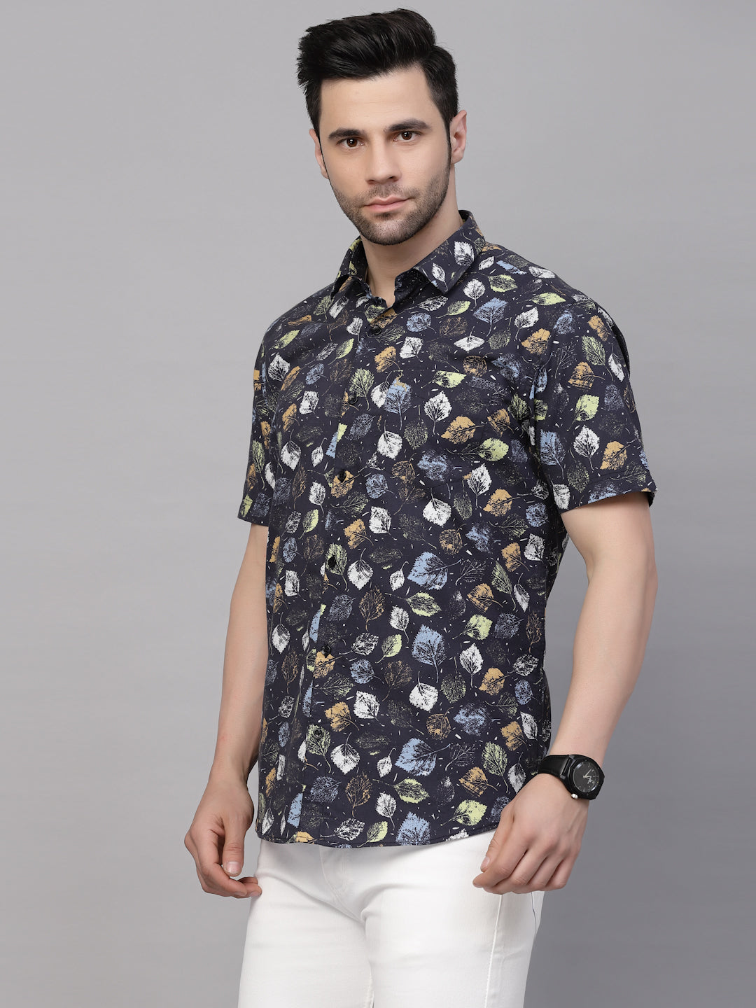 Valbone Men’s Black Digital Leaves Printed Regular Fit Casual Shirt Half Sleeves