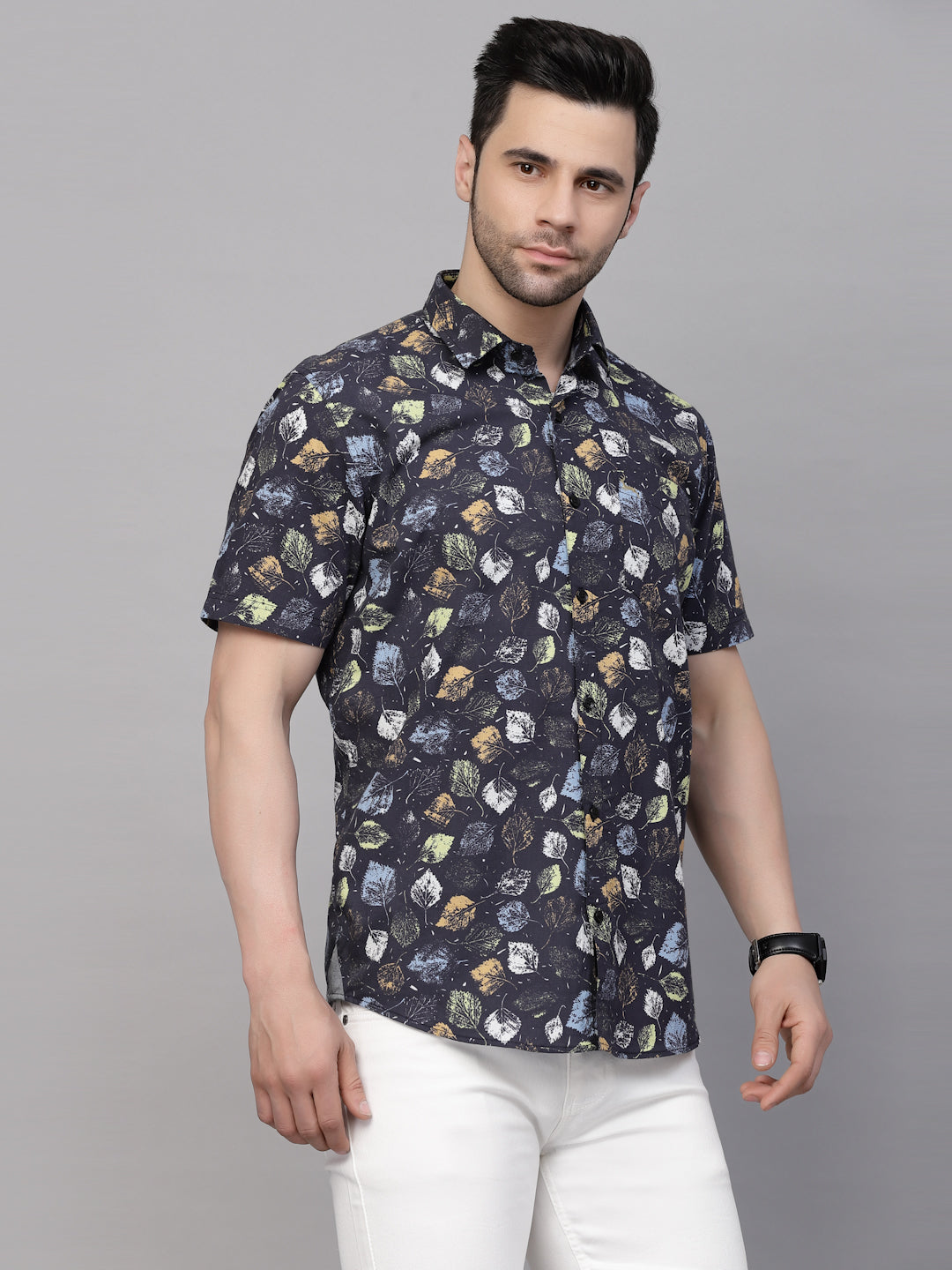 Valbone Men’s Black Digital Leaves Printed Regular Fit Casual Shirt Half Sleeves