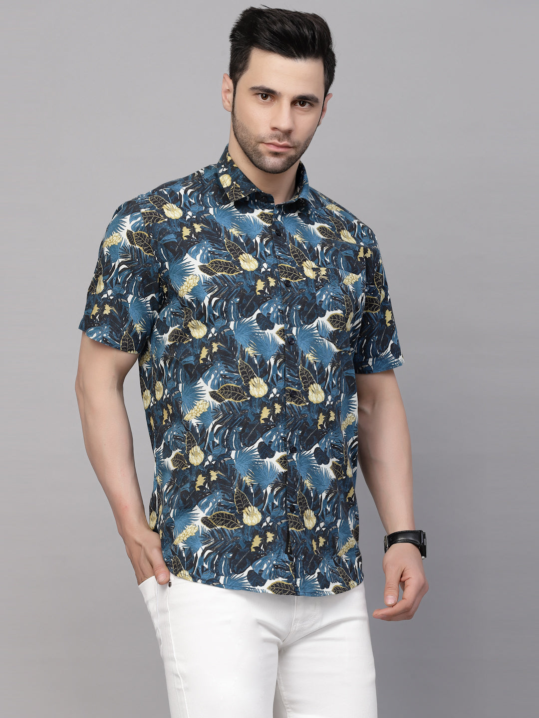 Valbone Men’s Floral Blue Digital Print Regular Fit Casual Shirt Half Sleeves