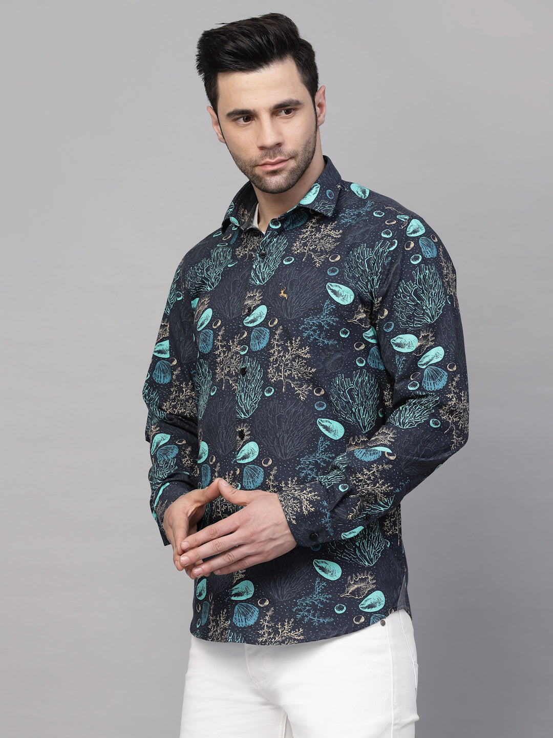 Valbone Men’s Digital Print Sea Plant Printed Regular Fit Casual Shirt Full Sleeves