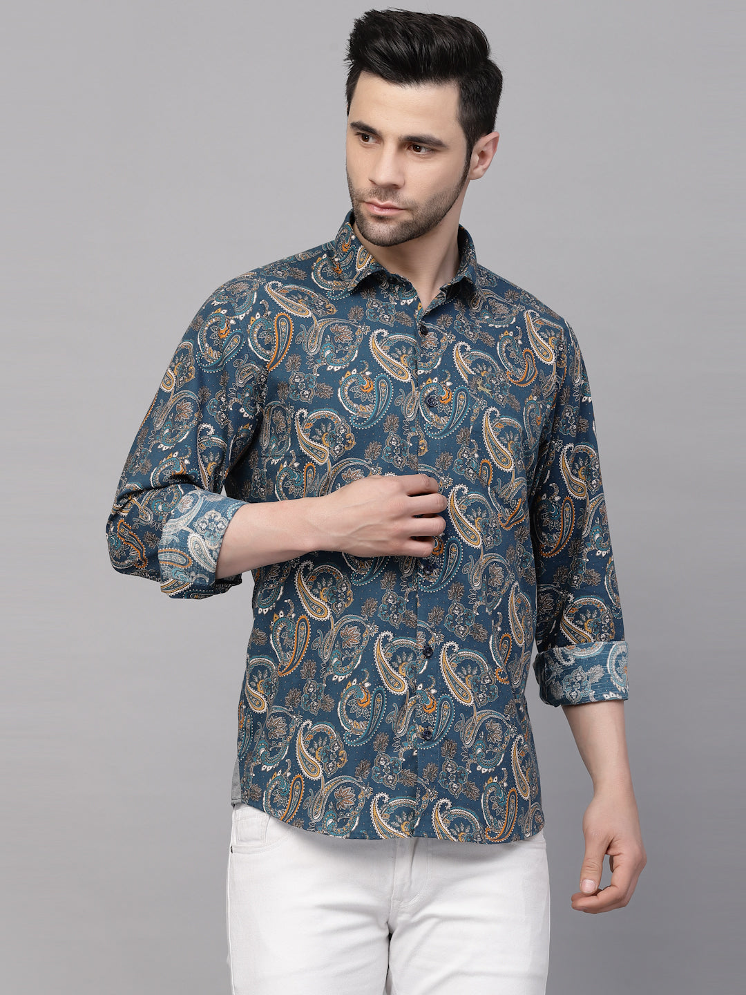 Valbone Men’s Blue Digital Print Paisley Design Regular Fit Casual Shirt Full Sleeves