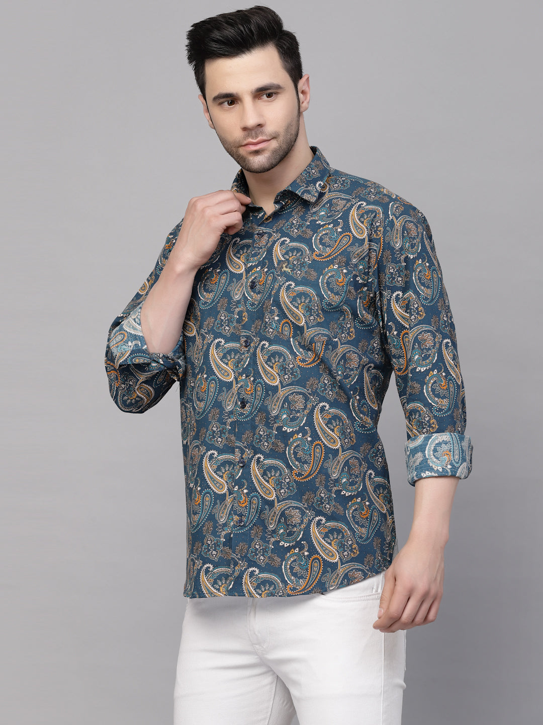Valbone Men’s Blue Digital Print Paisley Design Regular Fit Casual Shirt Full Sleeves