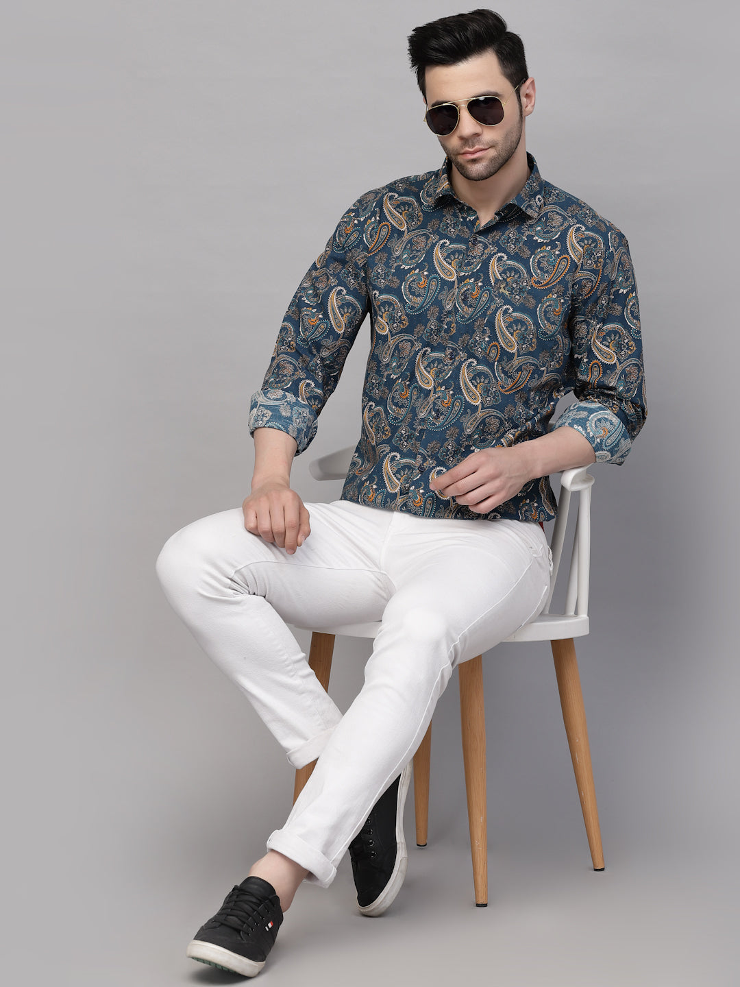 Valbone Men’s Blue Digital Print Paisley Design Regular Fit Casual Shirt Full Sleeves