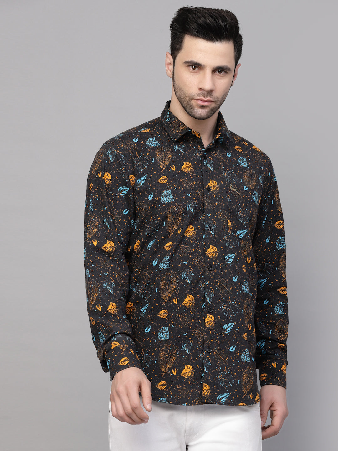Valbone Men’s Digital Print Blue & Brown Leaf Printed Regular Fit Casual Shirt Full Sleeves