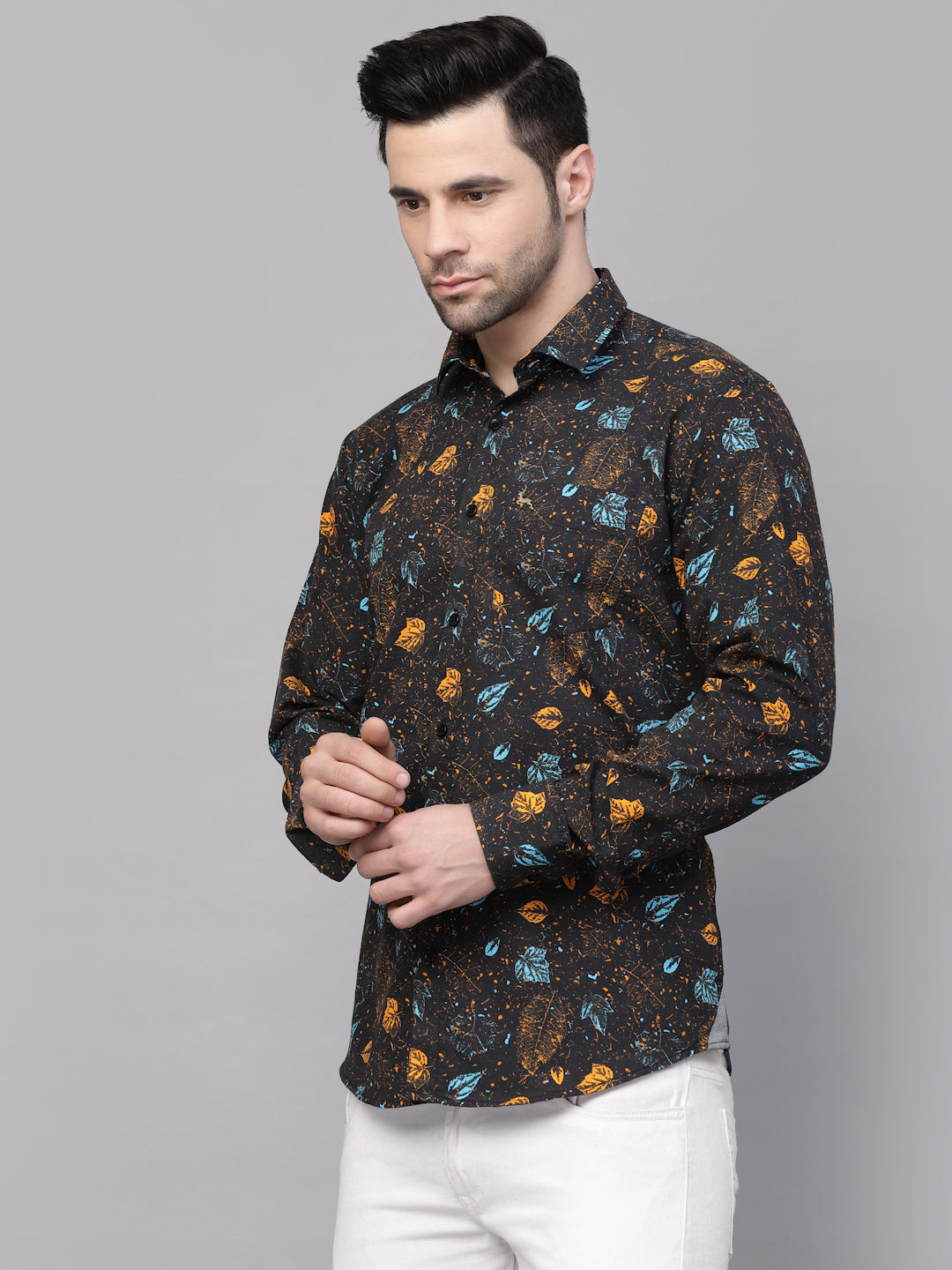 Valbone Men’s Digital Print Blue & Brown Leaf Printed Regular Fit Casual Shirt Full Sleeves