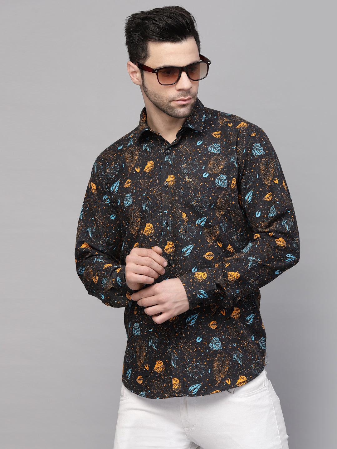 Valbone Men’s Digital Print Blue & Brown Leaf Printed Regular Fit Casual Shirt Full Sleeves