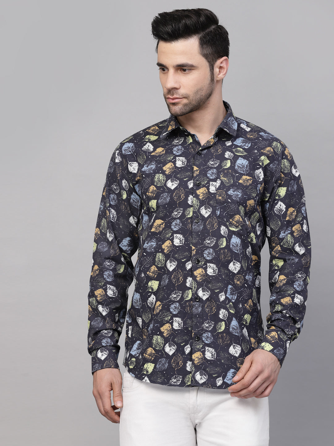 Valbone Men’s Digital Print Leaf Printed Regular Fit Casual Shirt Full Sleeves Black