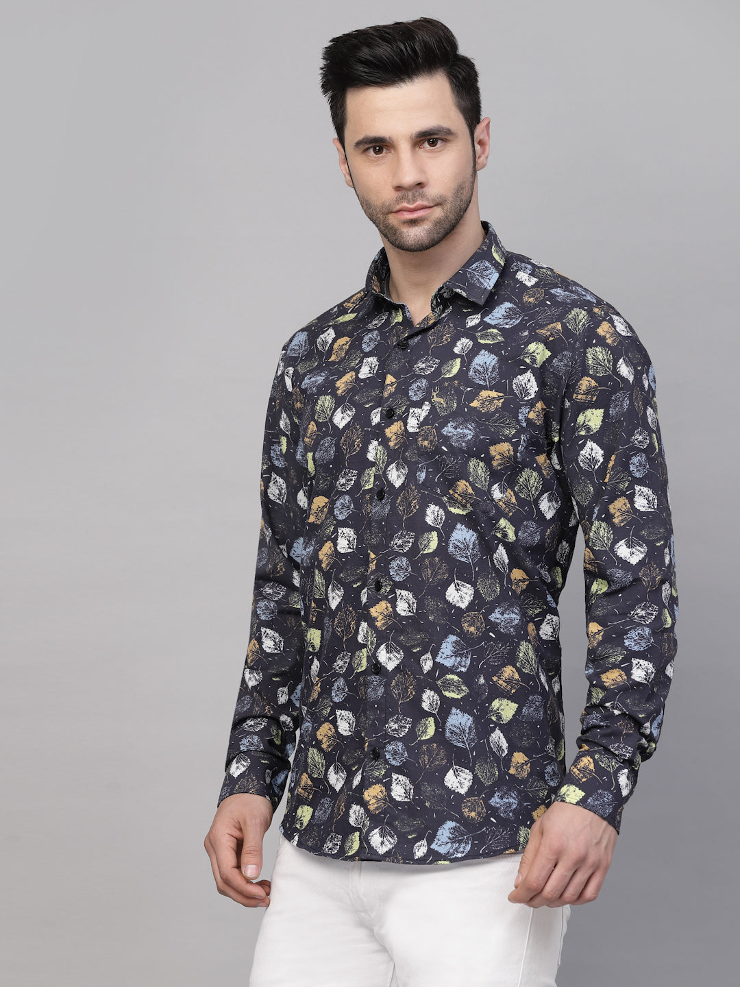 Valbone Men’s Digital Print Leaf Printed Regular Fit Casual Shirt Full Sleeves Black