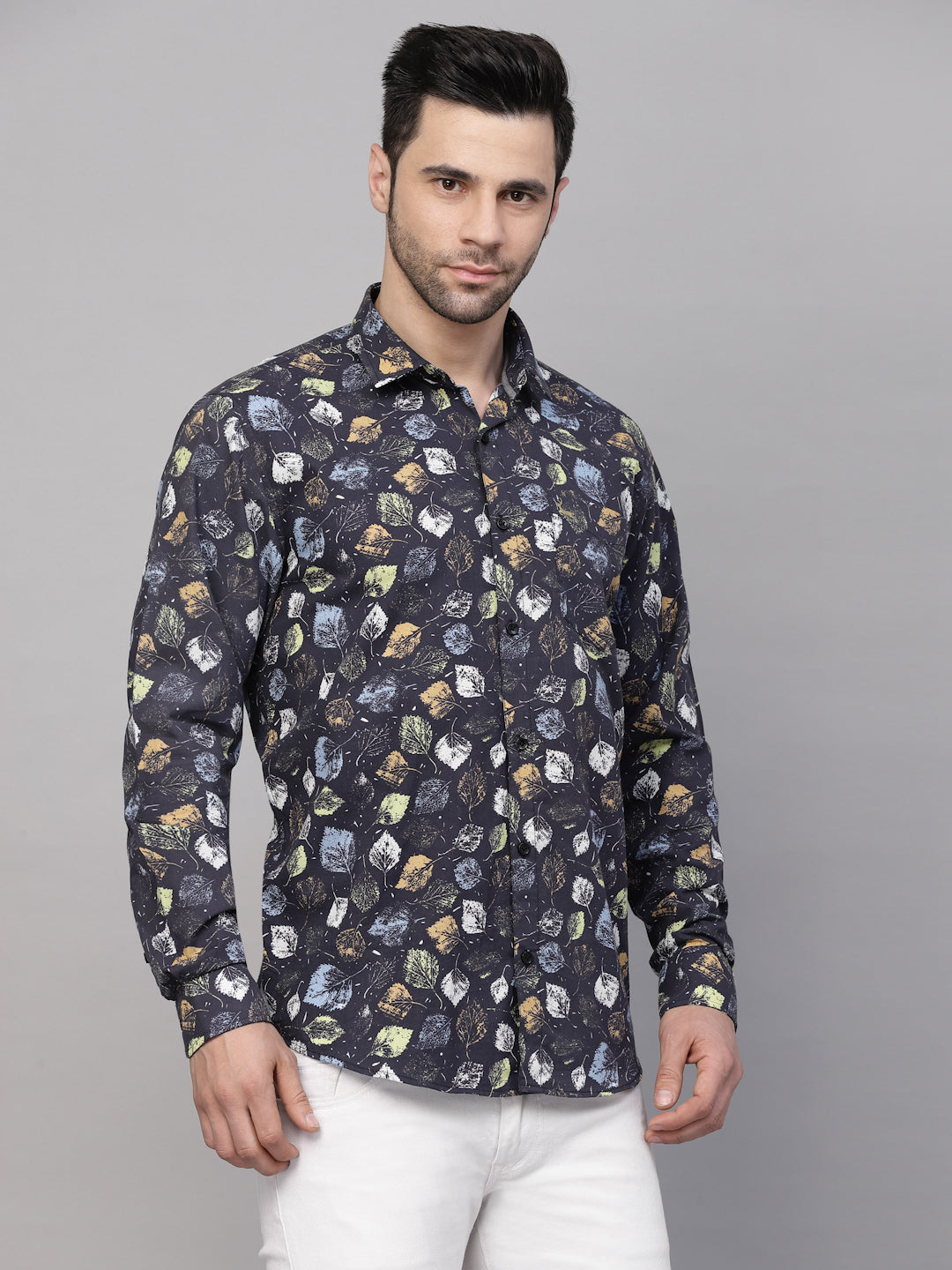 Valbone Men’s Digital Print Leaf Printed Regular Fit Casual Shirt Full Sleeves Black
