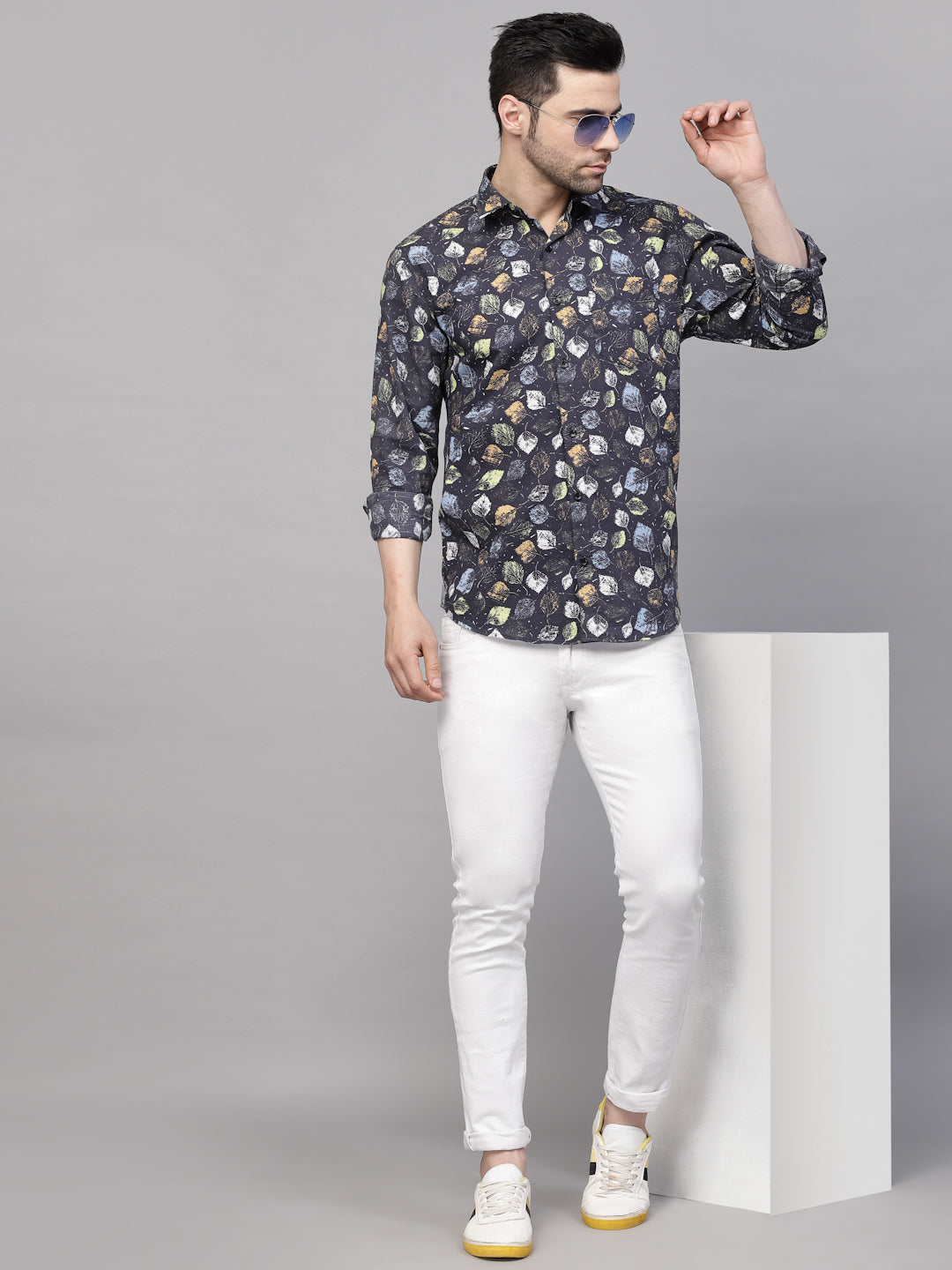 Valbone Men’s Digital Print Leaf Printed Regular Fit Casual Shirt Full Sleeves Black