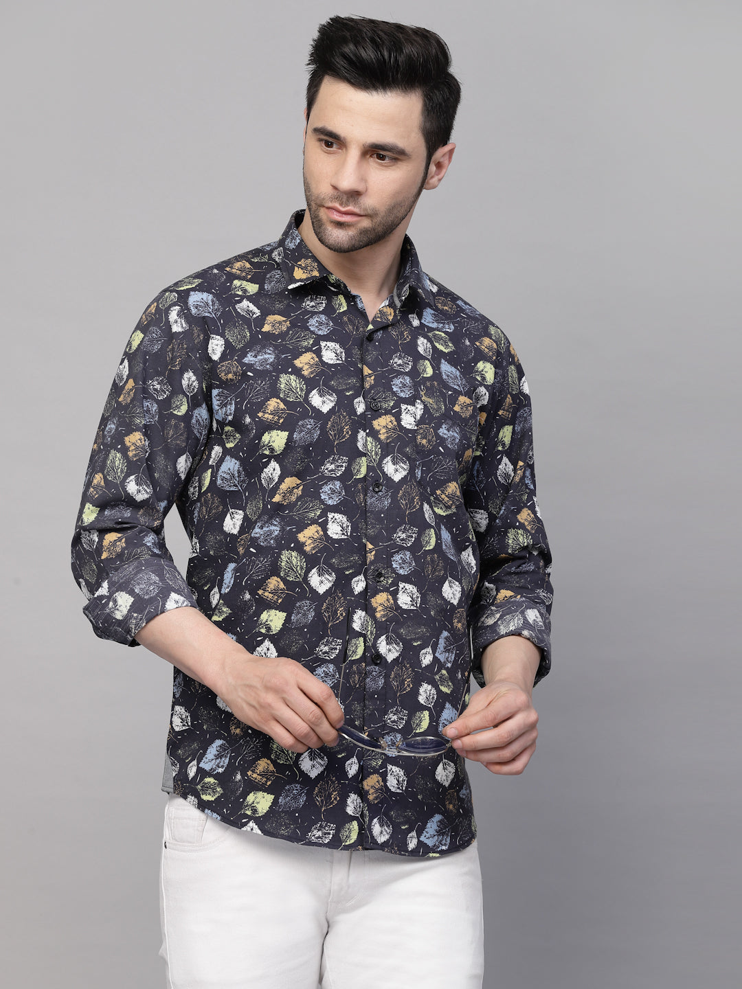 Valbone Men’s Digital Print Leaf Printed Regular Fit Casual Shirt Full Sleeves Black