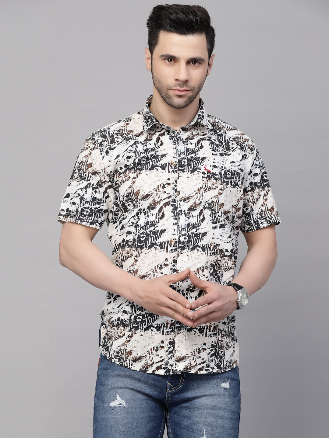 Valbone Men’s Black Digital Print Regular Fit Casual Shirt Half Sleeves