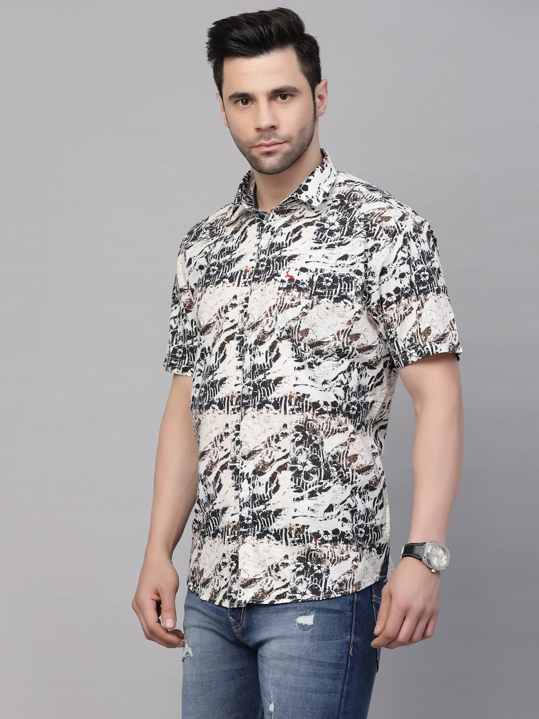 Valbone Men’s Black Digital Print Regular Fit Casual Shirt Half Sleeves