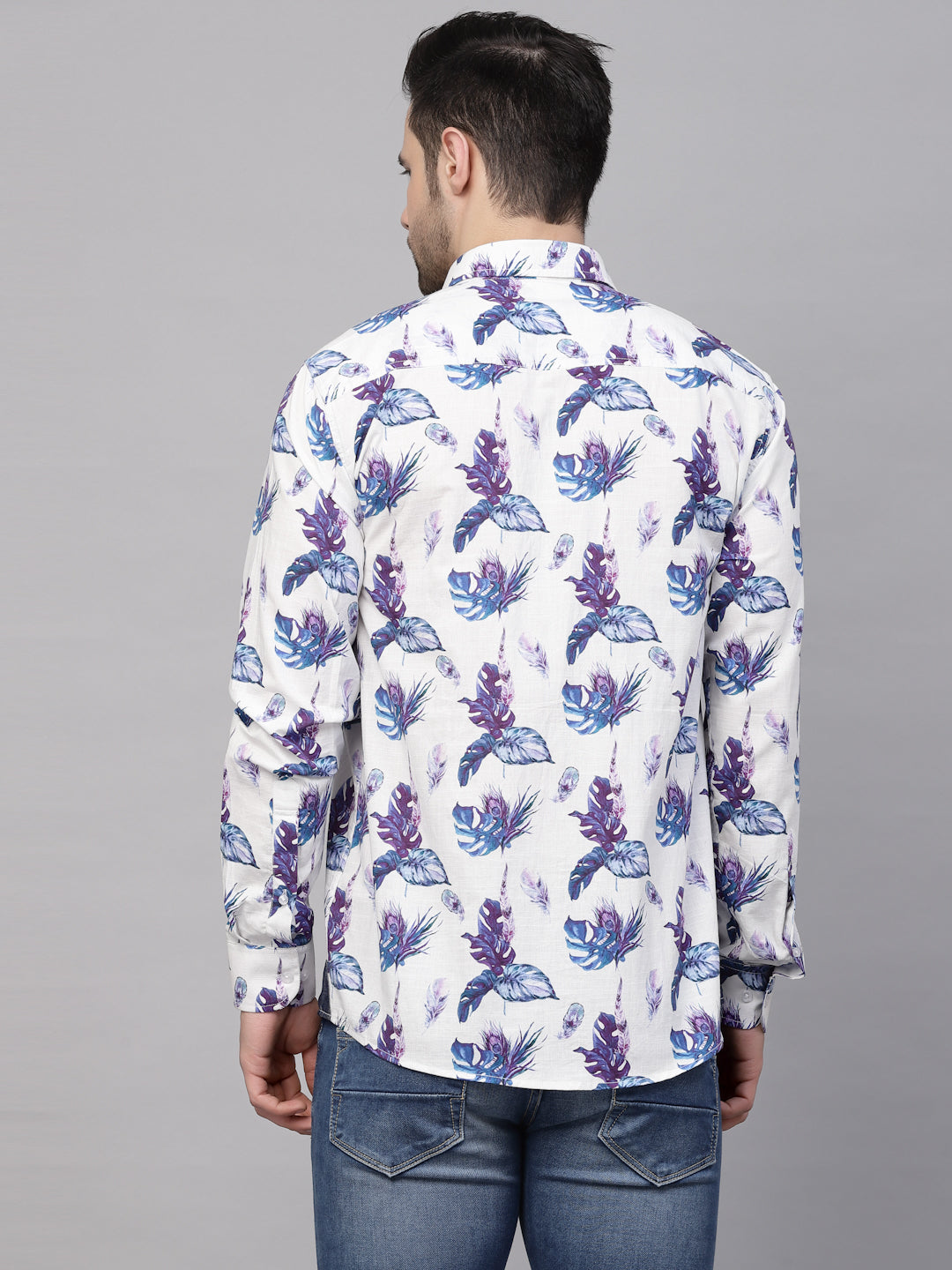 Valbone Men’s Digital Print White & Blue Leaf Printed Regular Fit Casual Shirt Full Sleeves