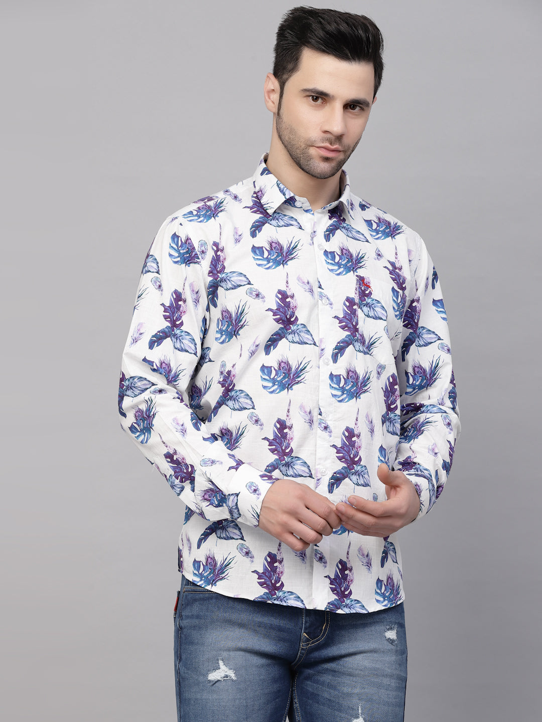 Valbone Men’s Digital Print White & Blue Leaf Printed Regular Fit Casual Shirt Full Sleeves