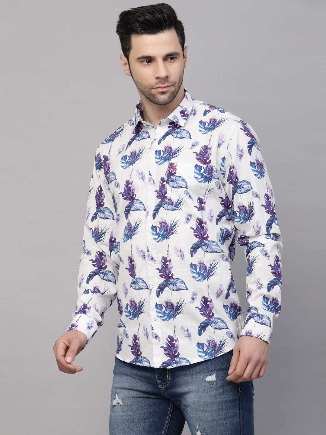 Valbone Men’s Digital Print White & Blue Leaf Printed Regular Fit Casual Shirt Full Sleeves