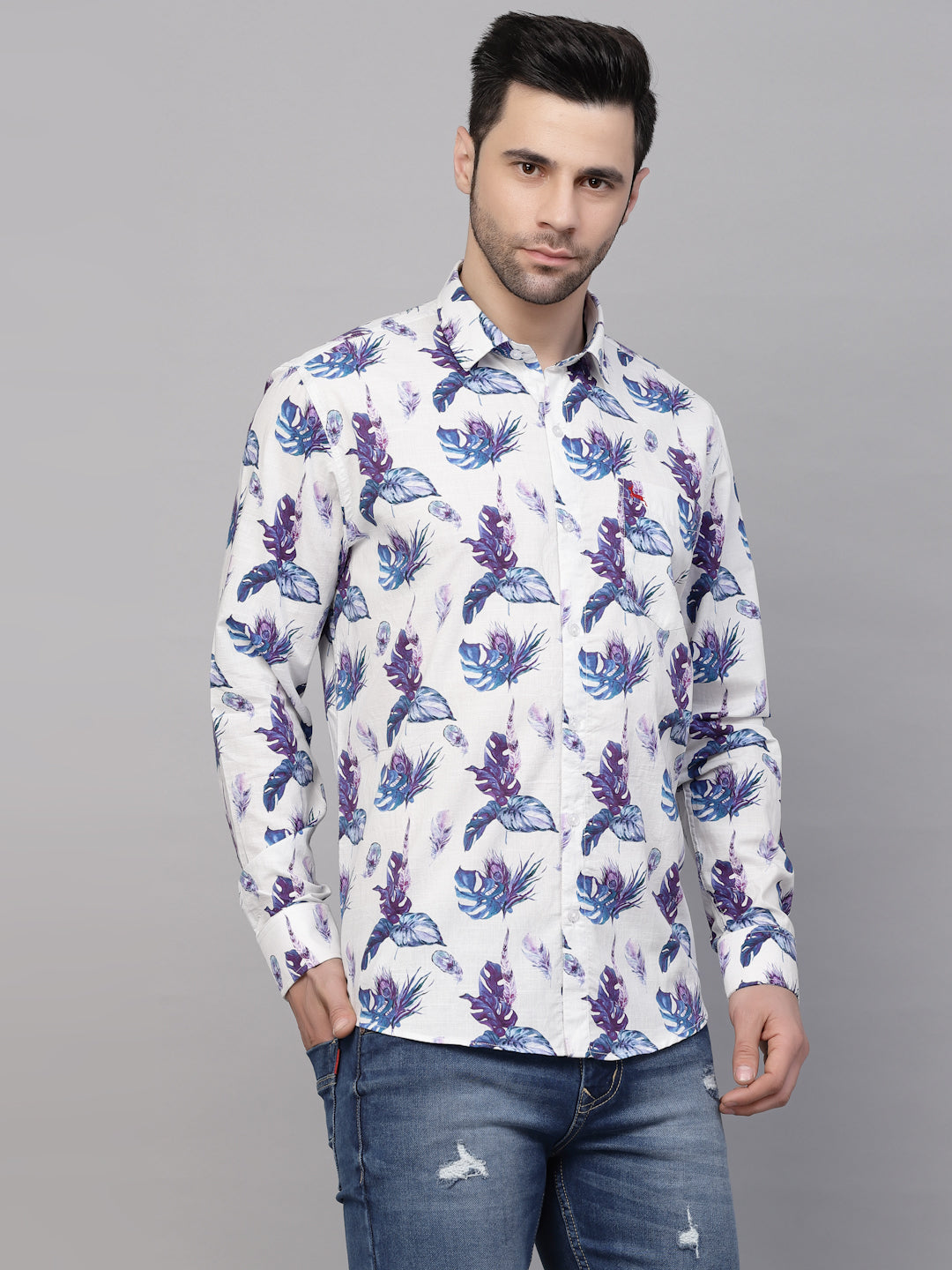 Valbone Men’s Digital Print White & Blue Leaf Printed Regular Fit Casual Shirt Full Sleeves